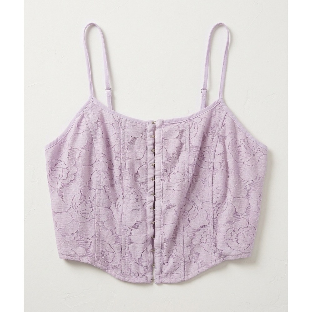 Lavender Floral Lace Corset Cami Top Hook & Eye Smocked Back S Ren Faire Fairy